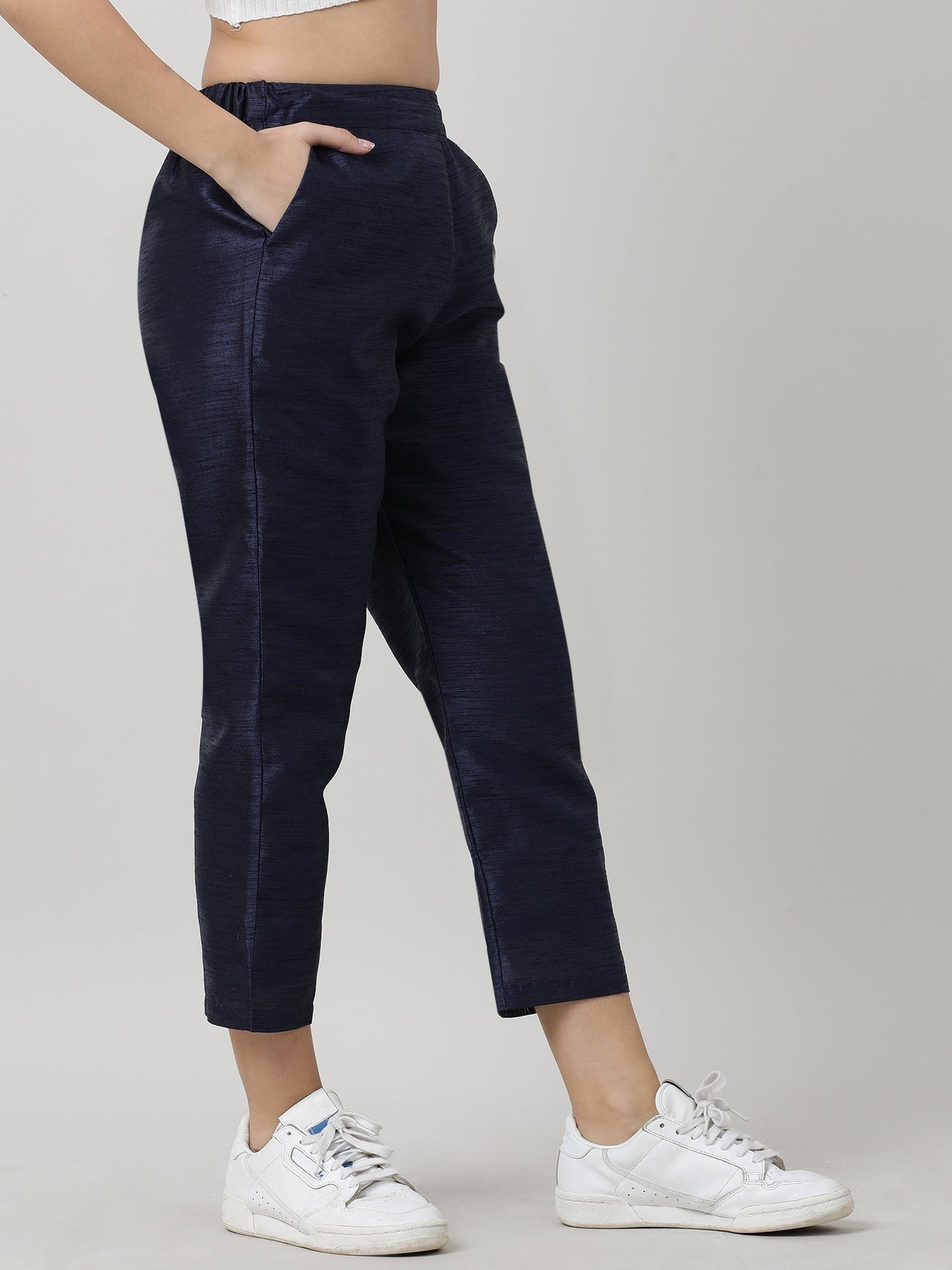 Women Relaxed Fit Navy Ankle Length Pants
