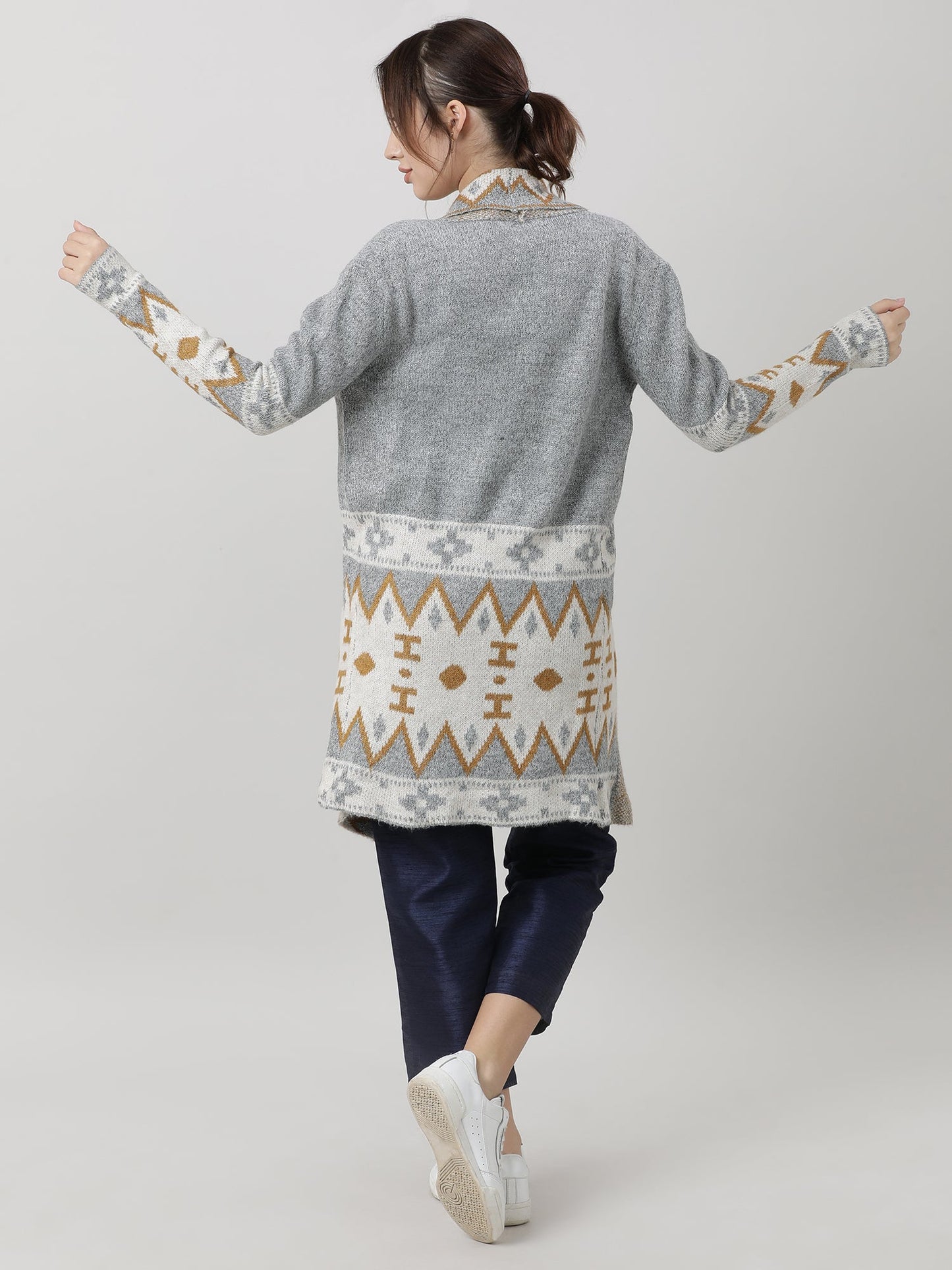 Women Relaxed Fit Grey Longline Open Front Shrug