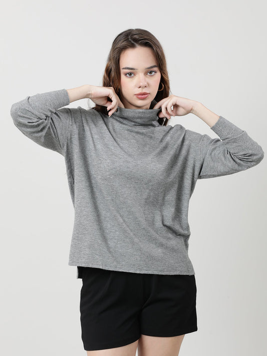 Women Regular Fit High Neck Drop Shoulder Grey Top