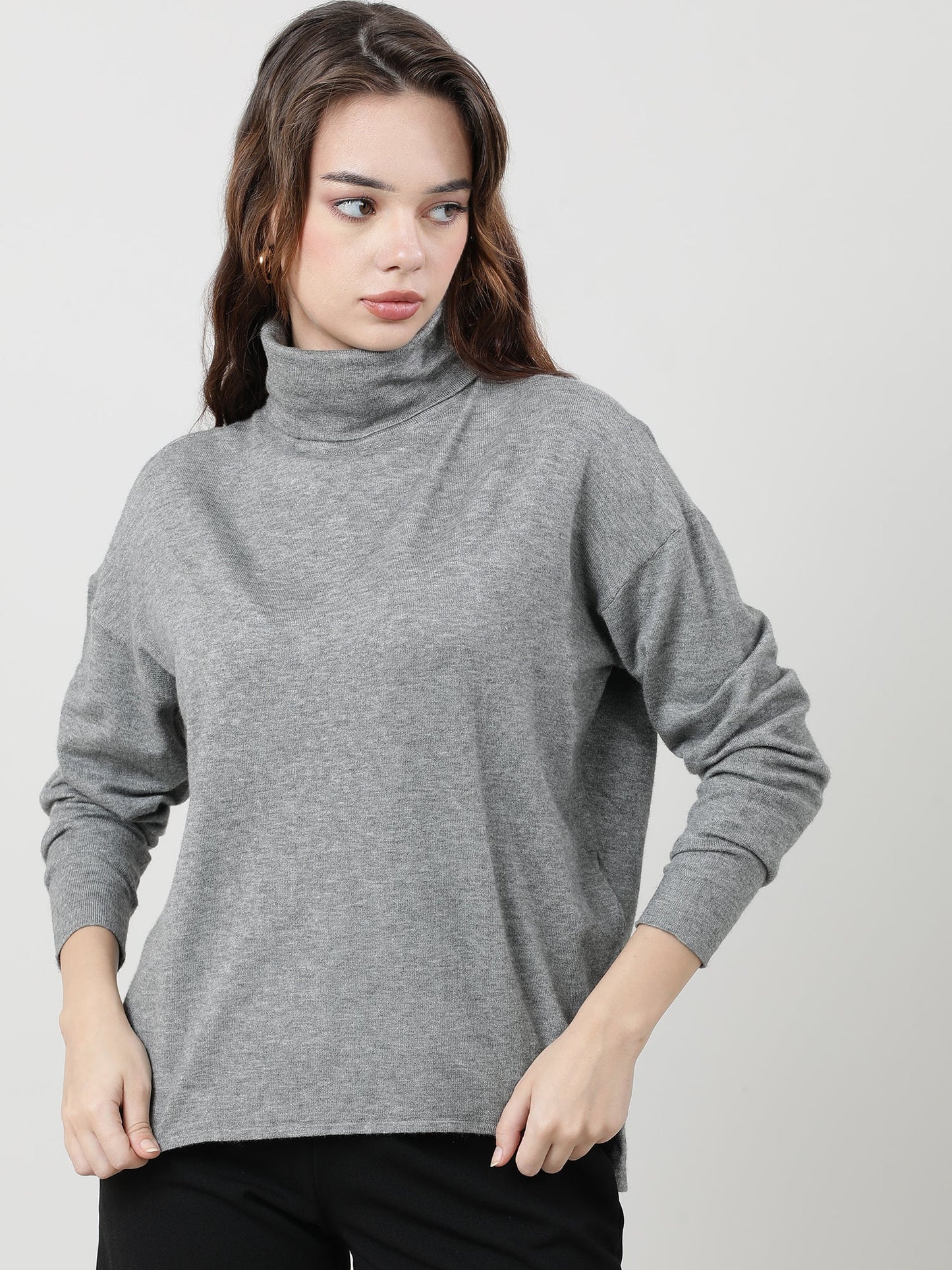 Women Regular Fit High Neck Drop Shoulder Grey Top