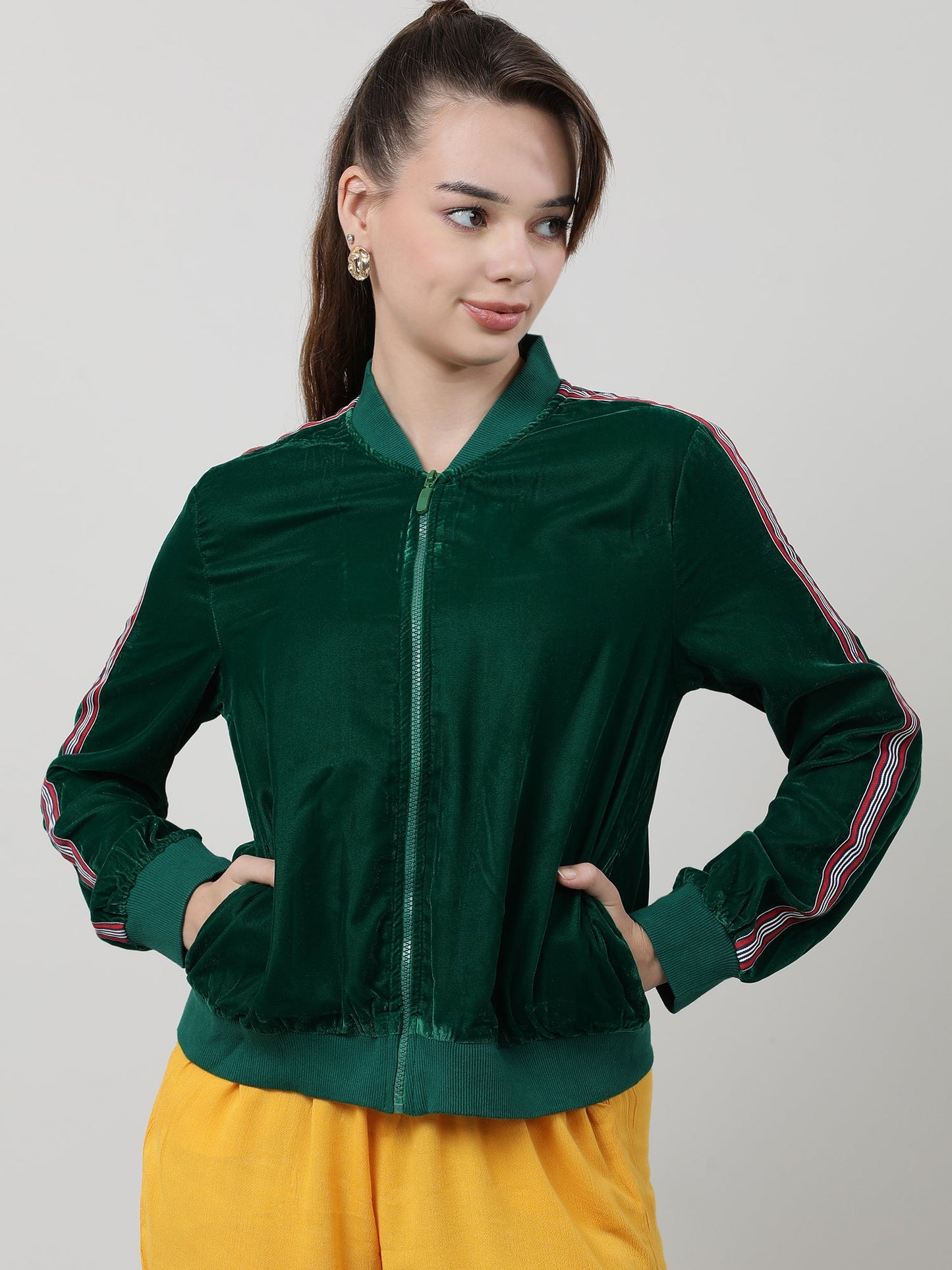 Women Velvet Green Zipped Bomber Jacket