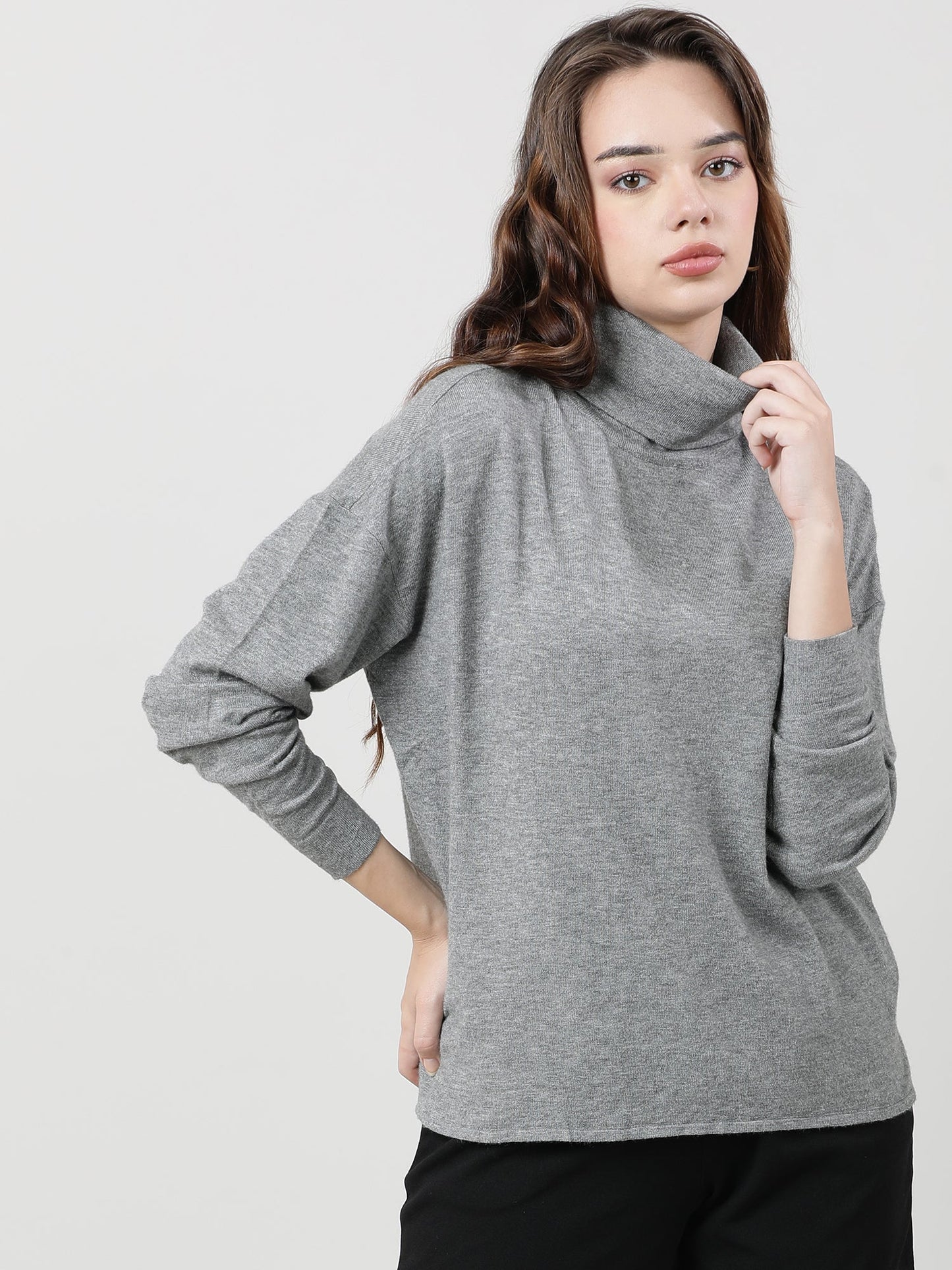 Women Regular Fit High Neck Drop Shoulder Grey Top
