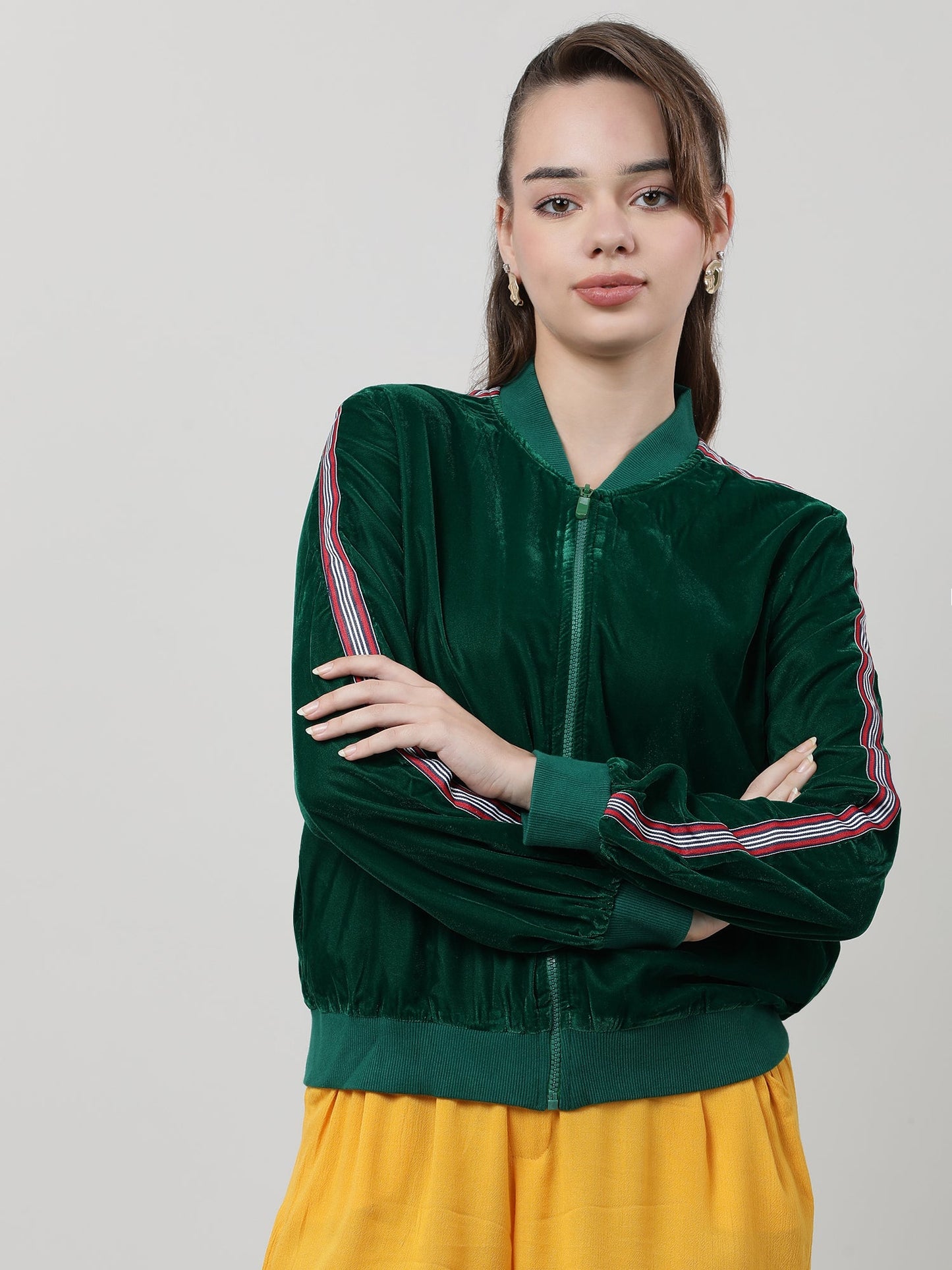 Women Velvet Green Zipped Bomber Jacket