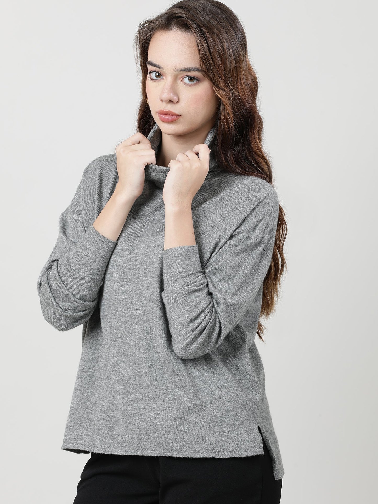 Women Regular Fit High Neck Drop Shoulder Grey Top