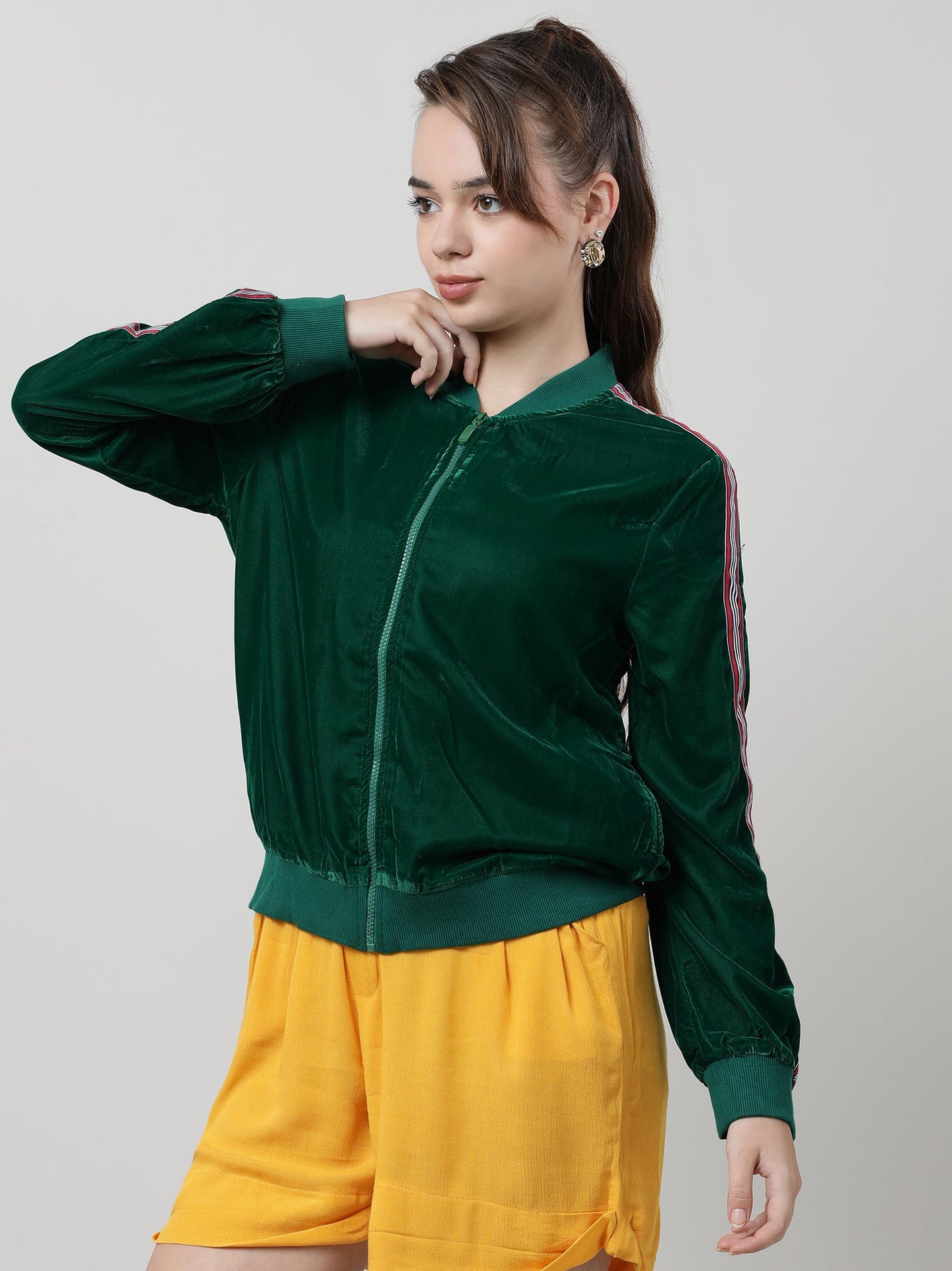 Women Velvet Green Zipped Bomber Jacket