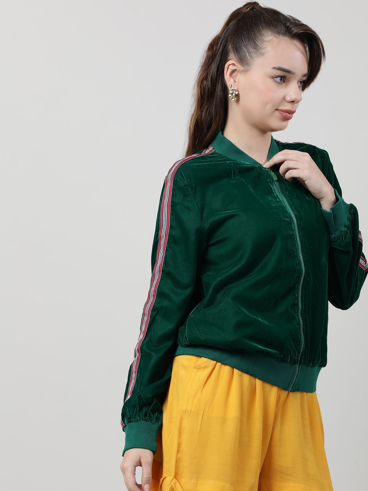 Women Velvet Green Zipped Bomber Jacket
