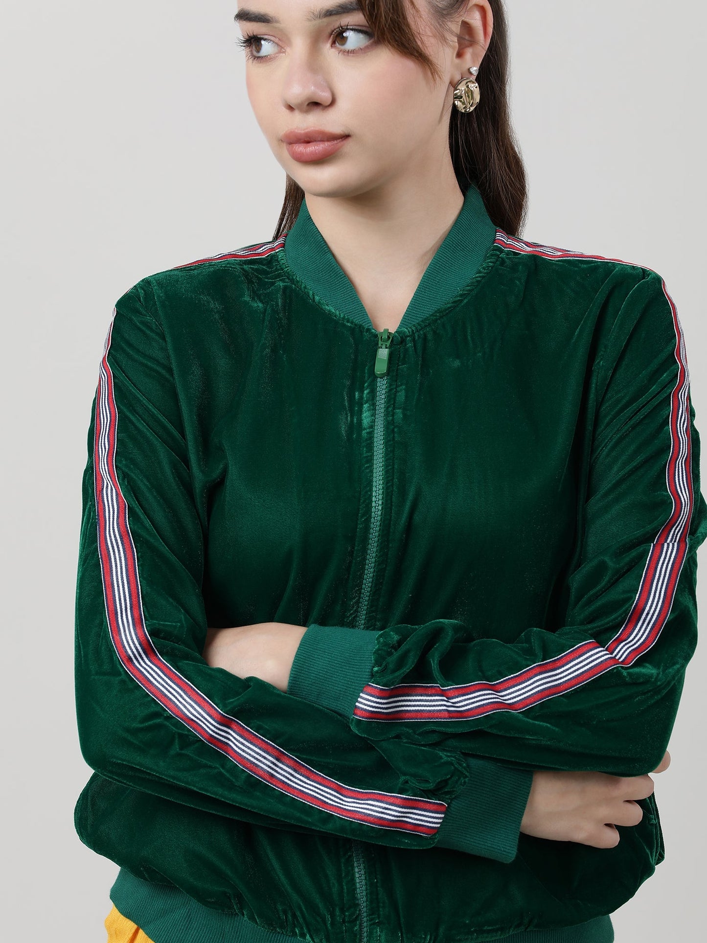 Women Velvet Green Zipped Bomber Jacket