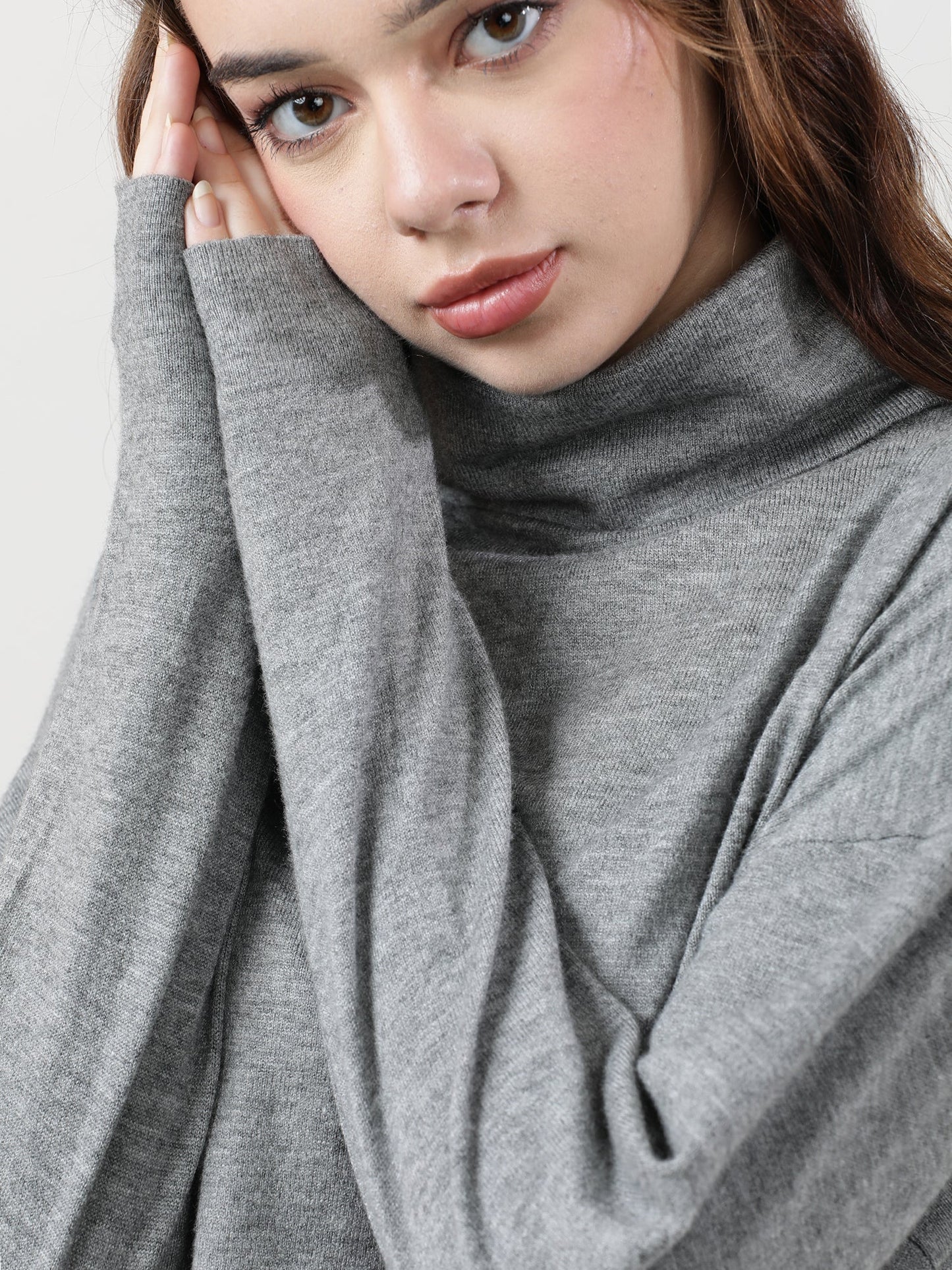 Women Regular Fit High Neck Drop Shoulder Grey Top