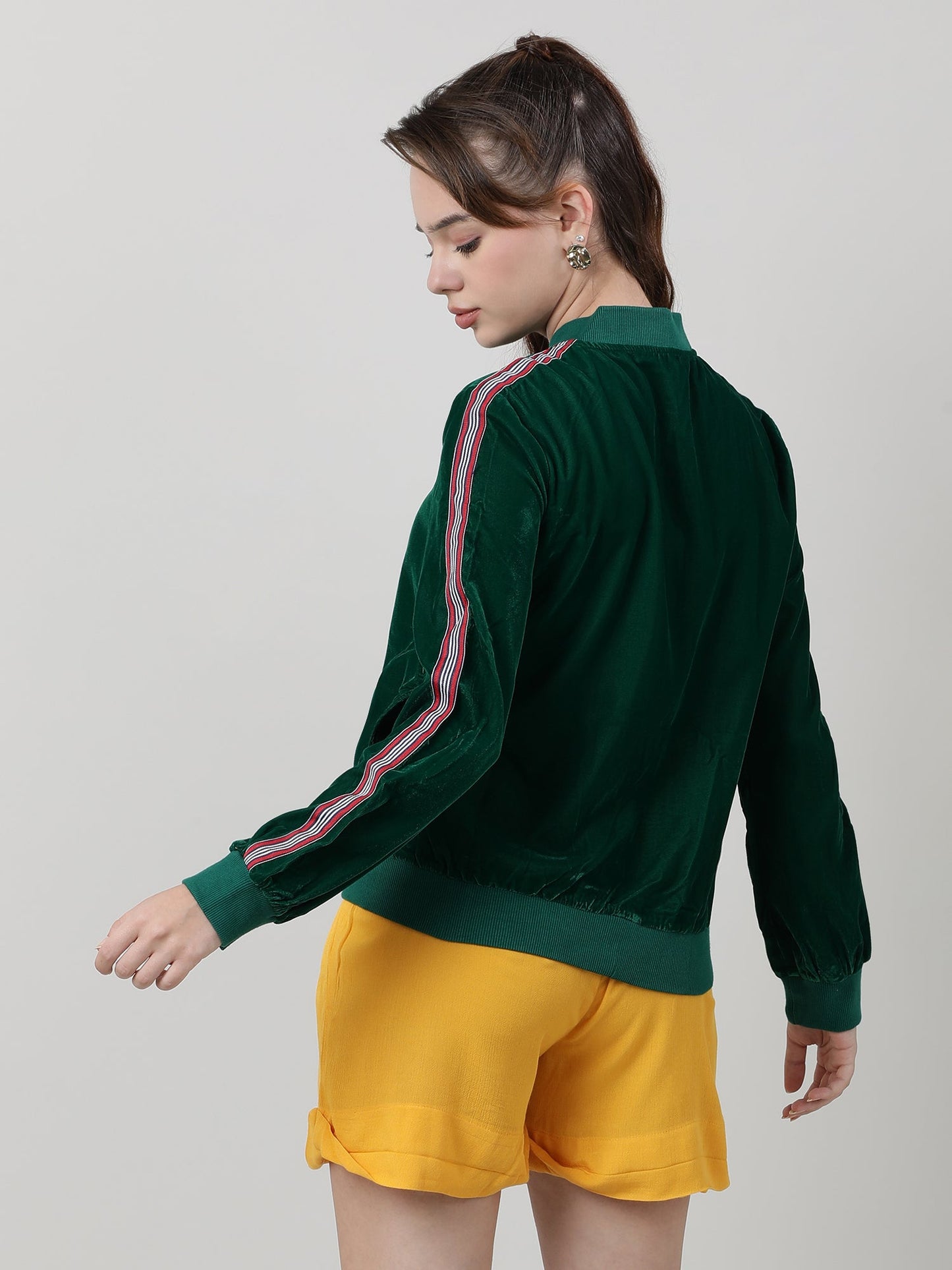 Women Velvet Green Zipped Bomber Jacket