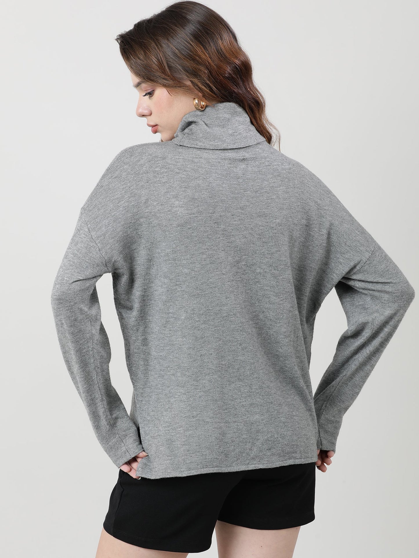 Women Regular Fit High Neck Drop Shoulder Grey Top