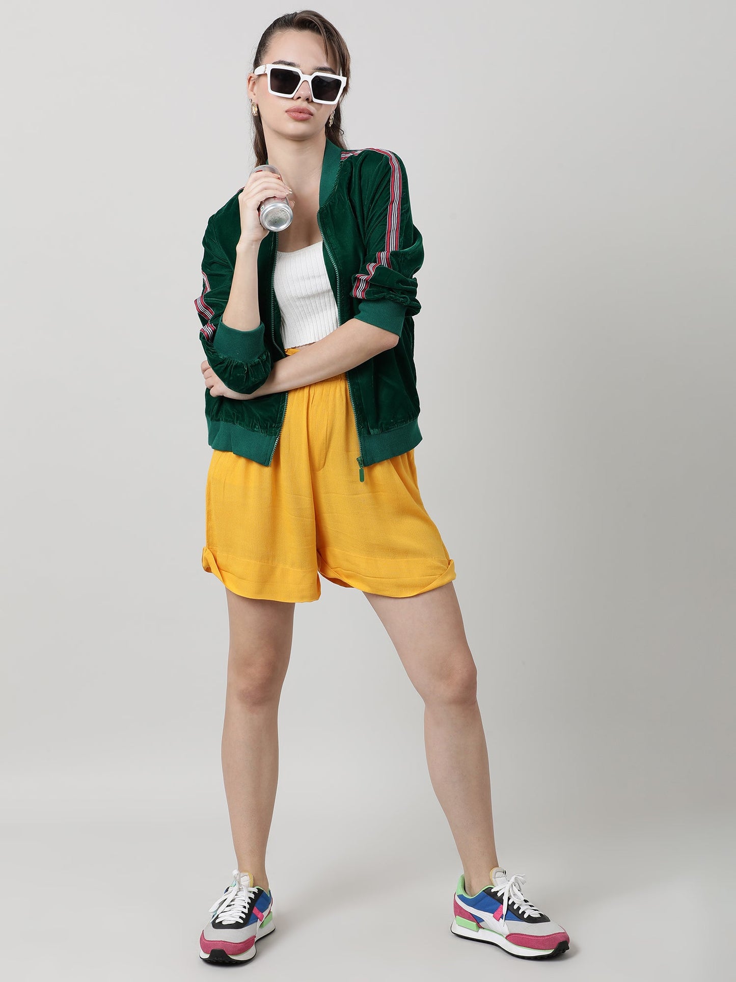 Women Velvet Green Zipped Bomber Jacket