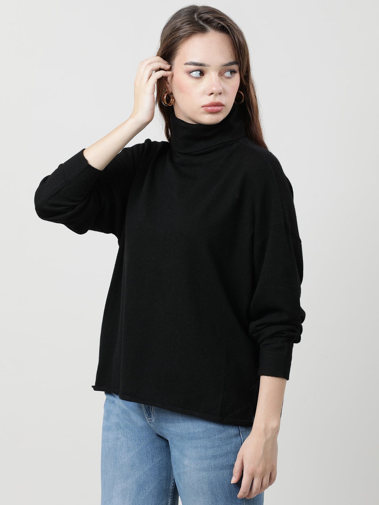 Women Black Turtle Neck Knit Top