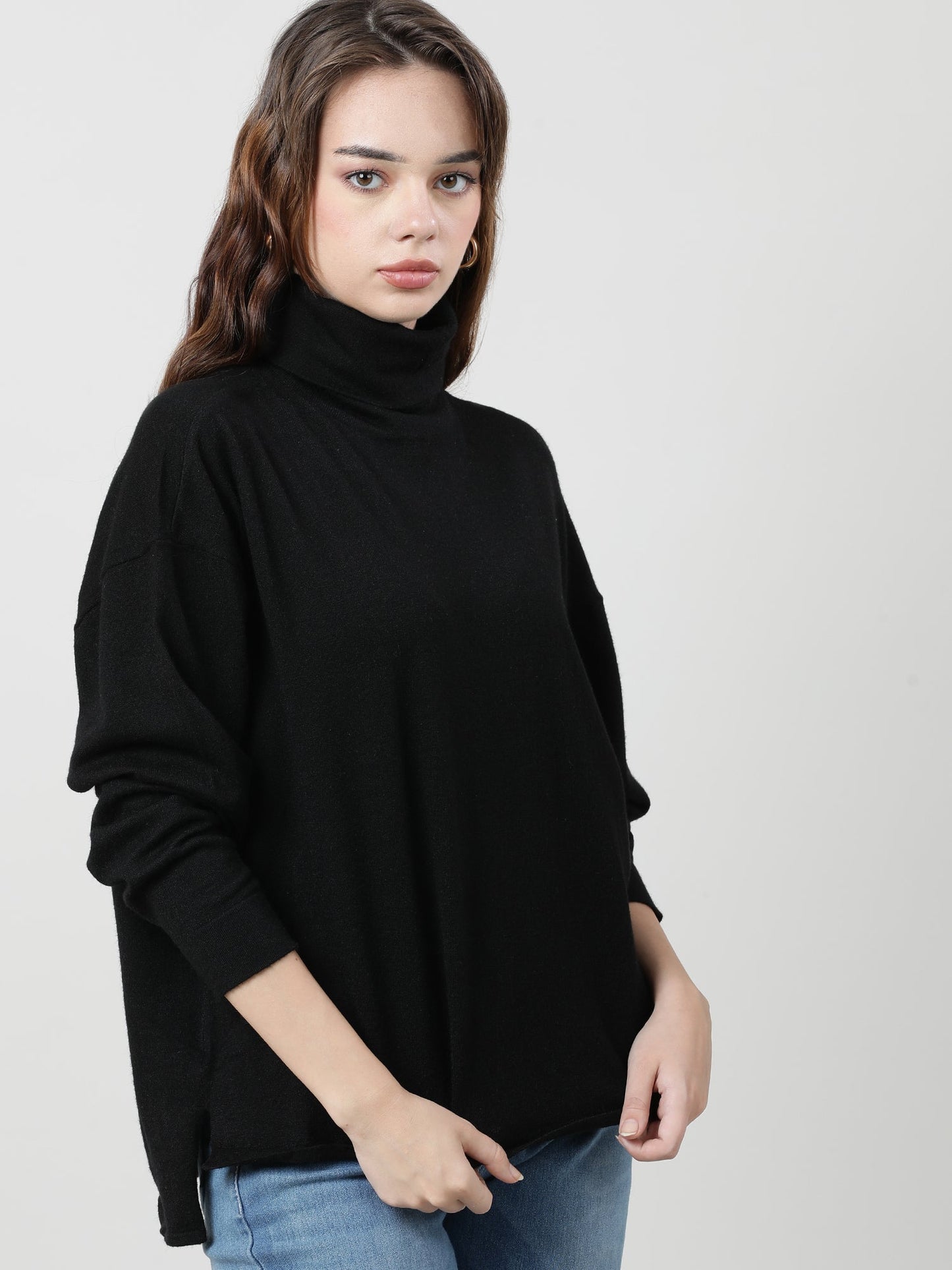 Women Black Turtle Neck Knit Top