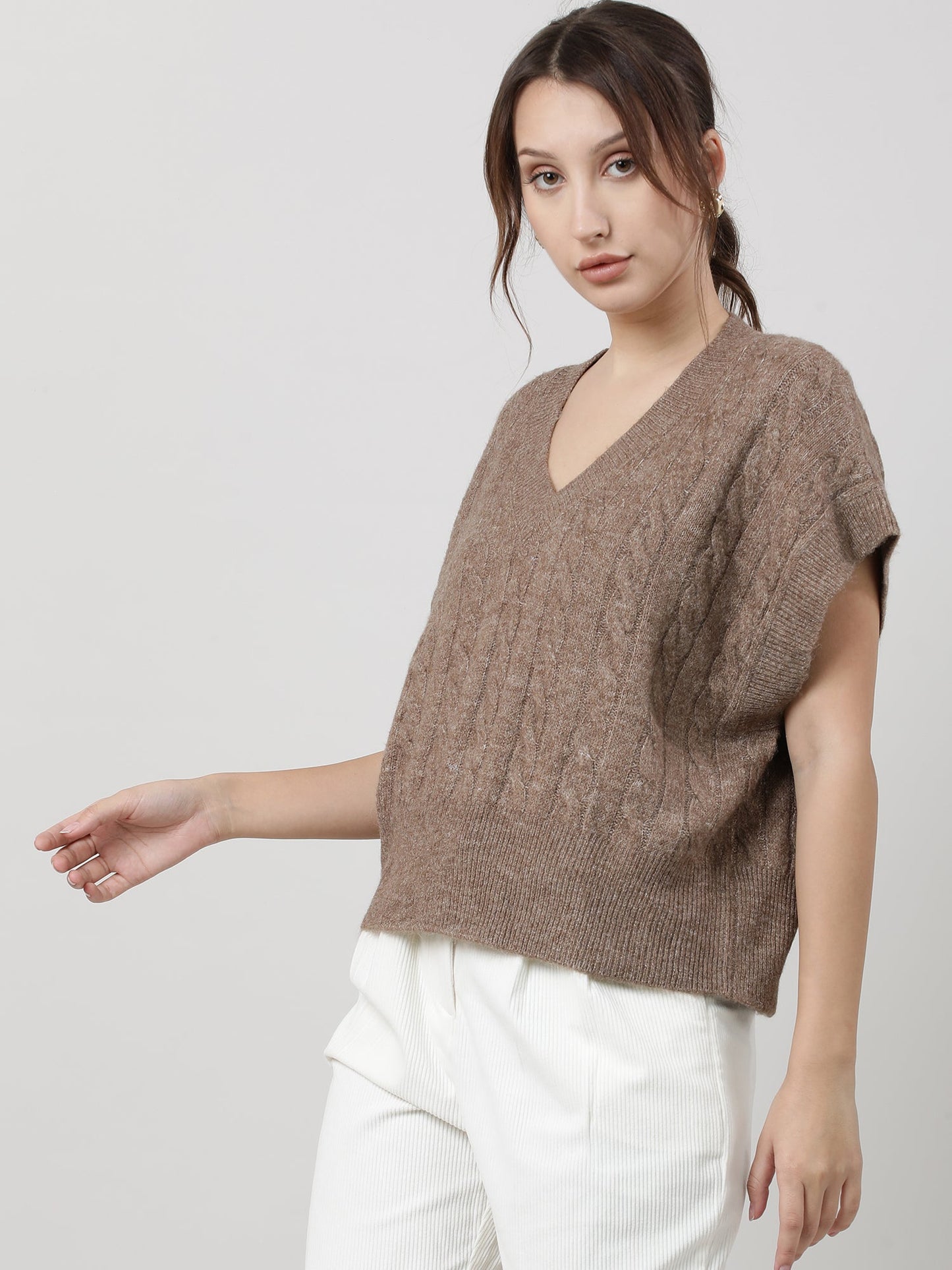 Women Relaxed Fit Knitted Brown Top