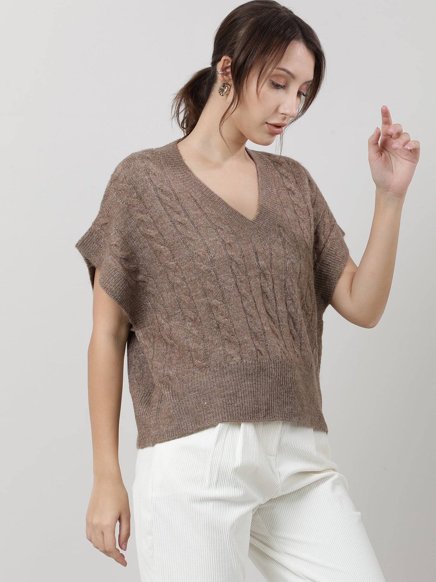 Women Relaxed Fit Knitted Brown Top