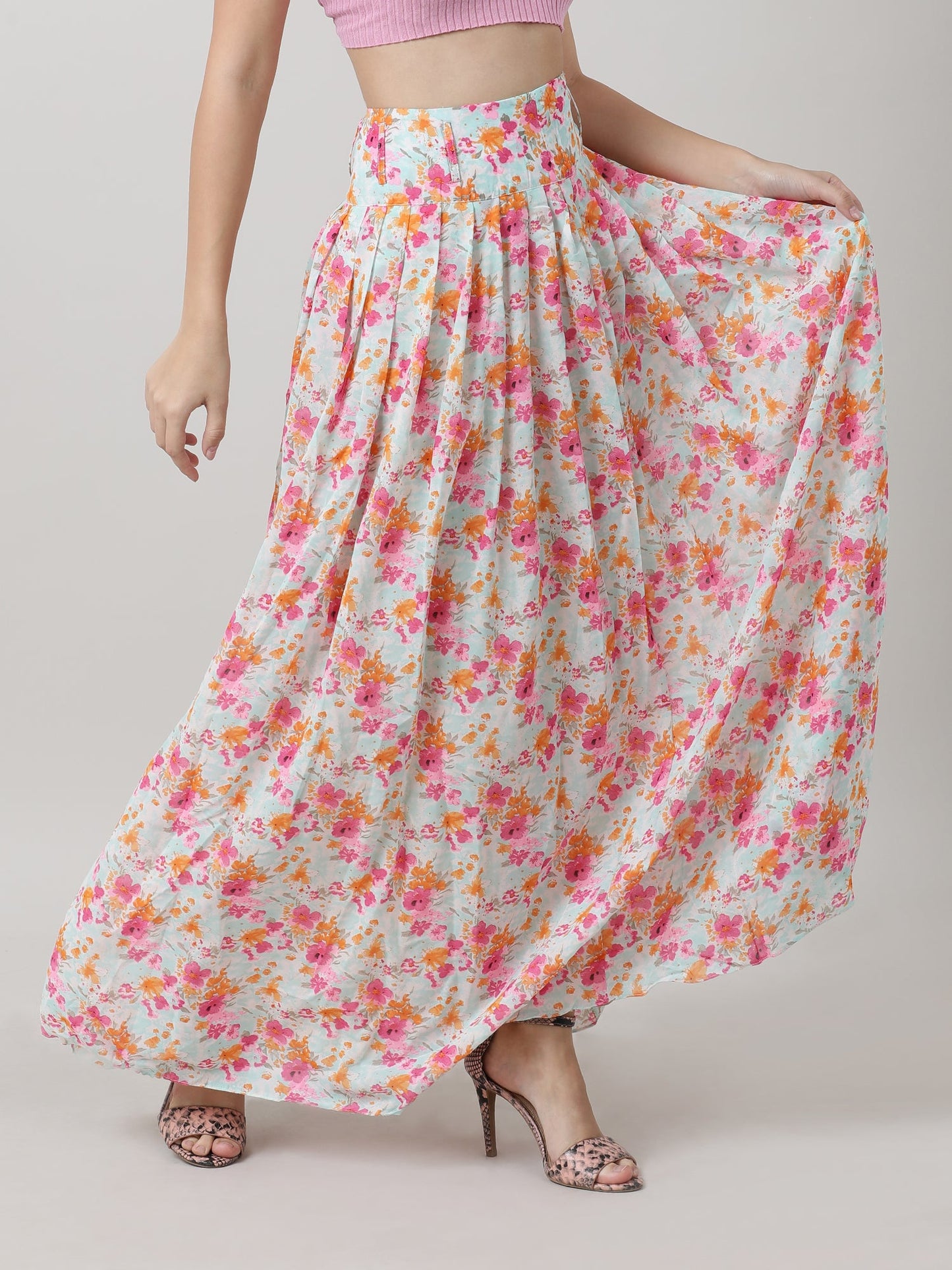 Women Relaxed Fit Floral Print Pink Maxi Skirt