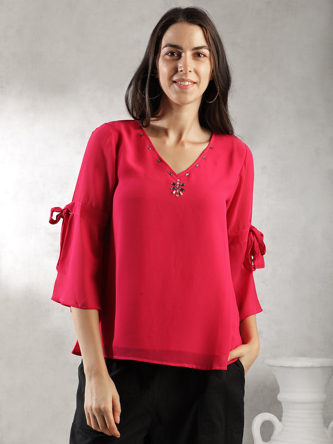 Women Pink A-Line Bell Sleeve Top