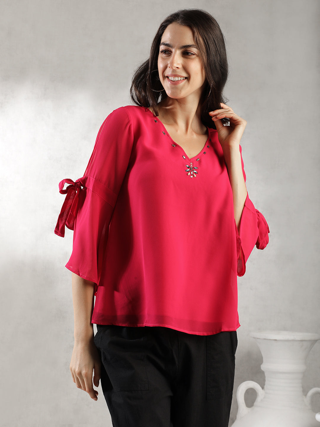 Women Pink A-Line Bell Sleeve Top