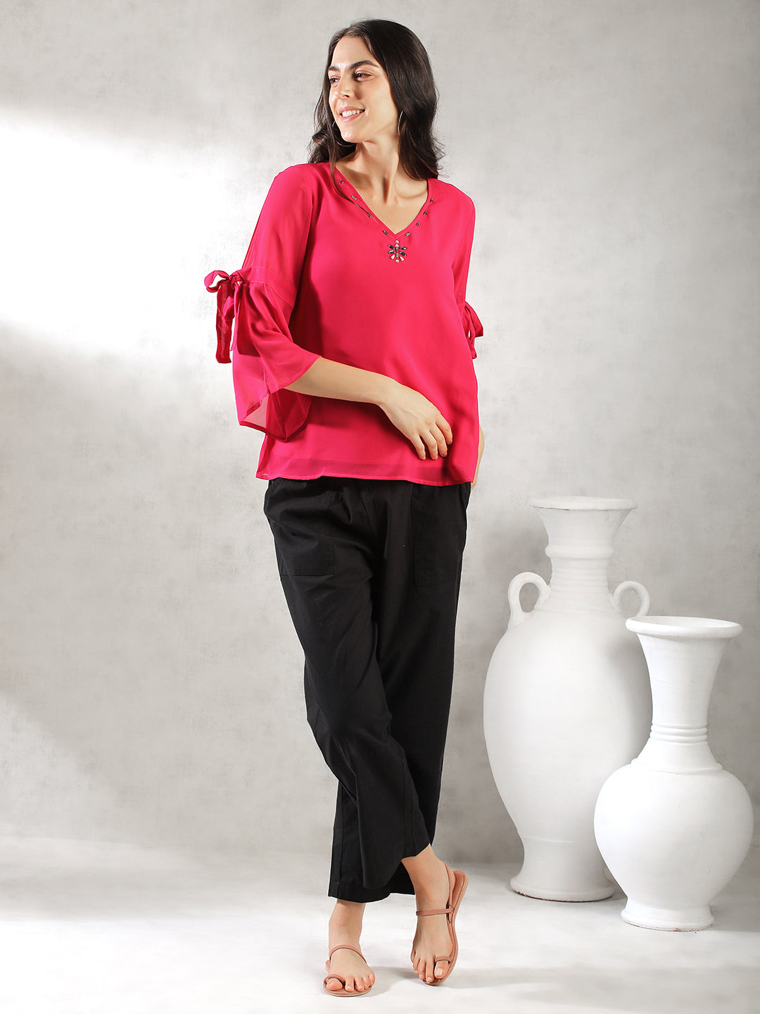 Women Pink A-Line Bell Sleeve Top