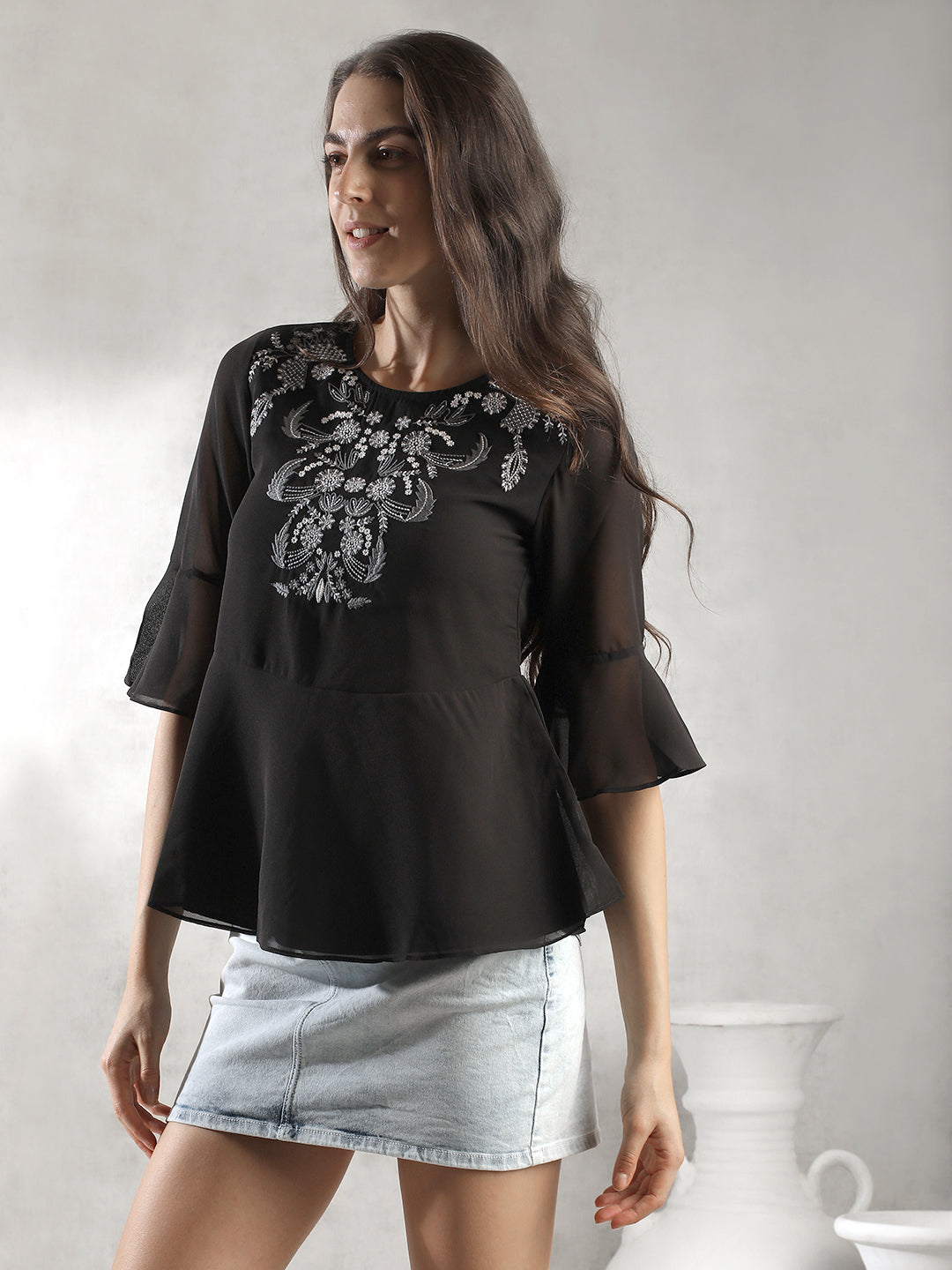Women Black Embroidered Top