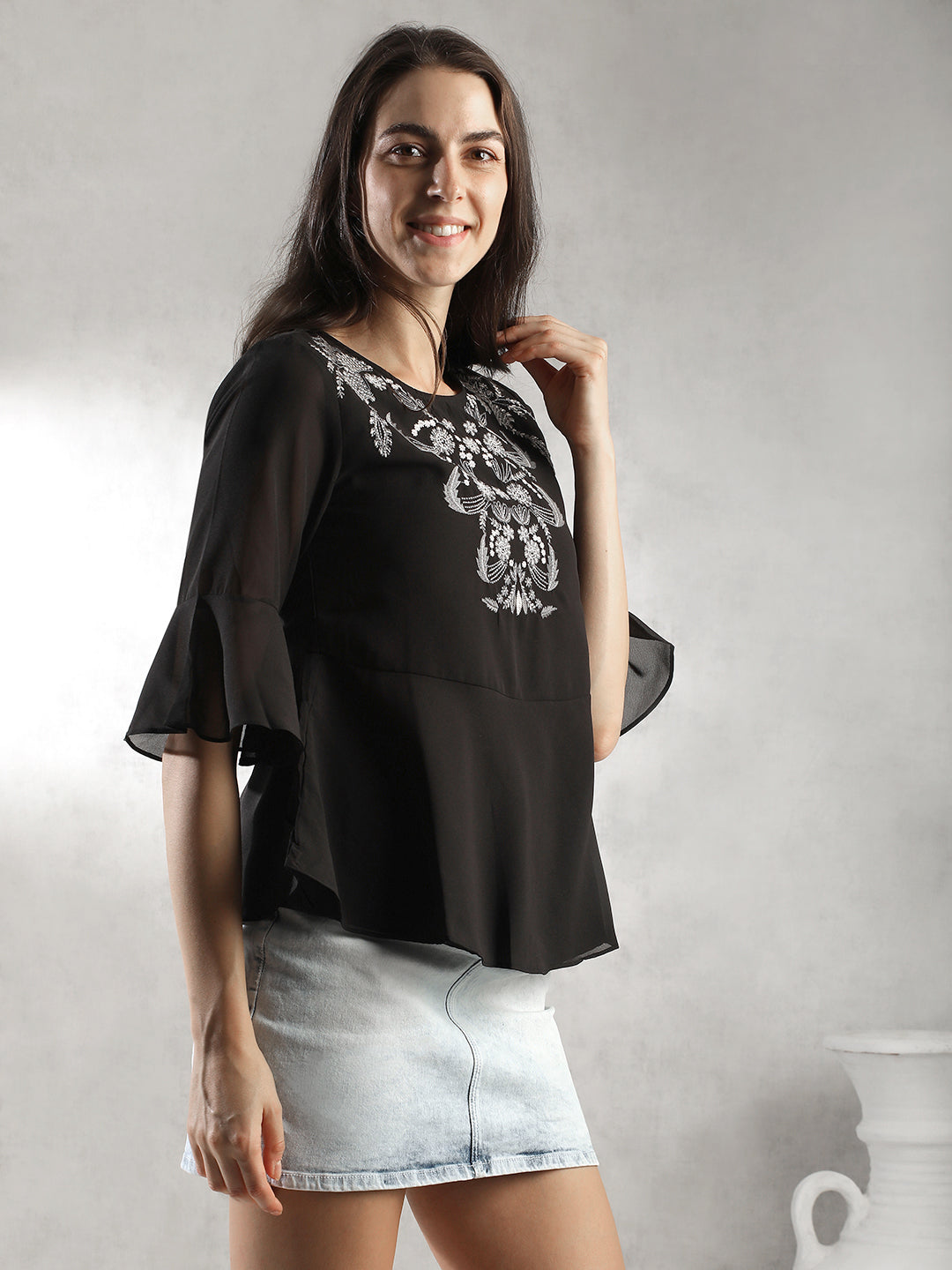 Women Black Embroidered Top