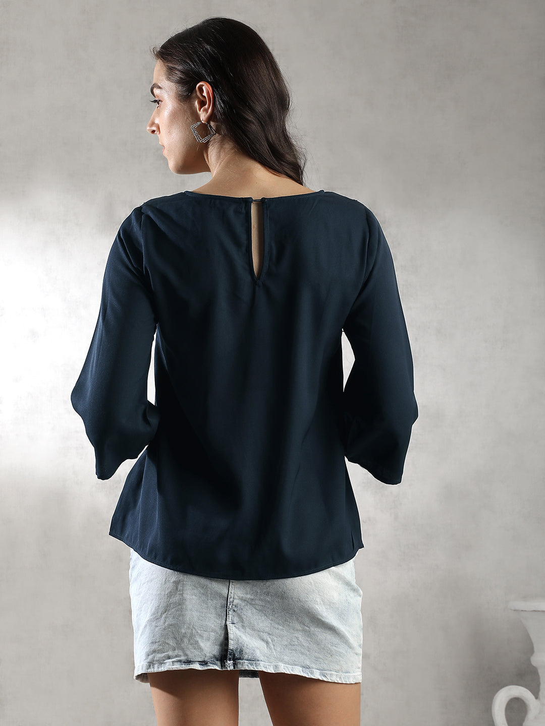 Women Navy A-Line Sheer Neck Top