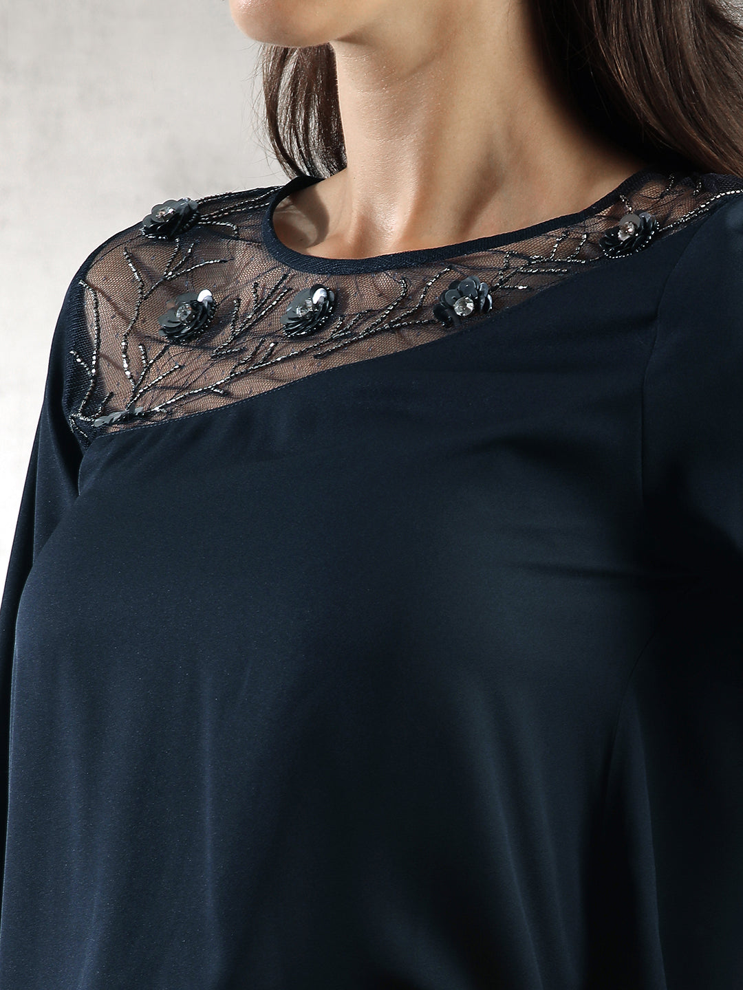 Women Navy A-Line Sheer Neck Top