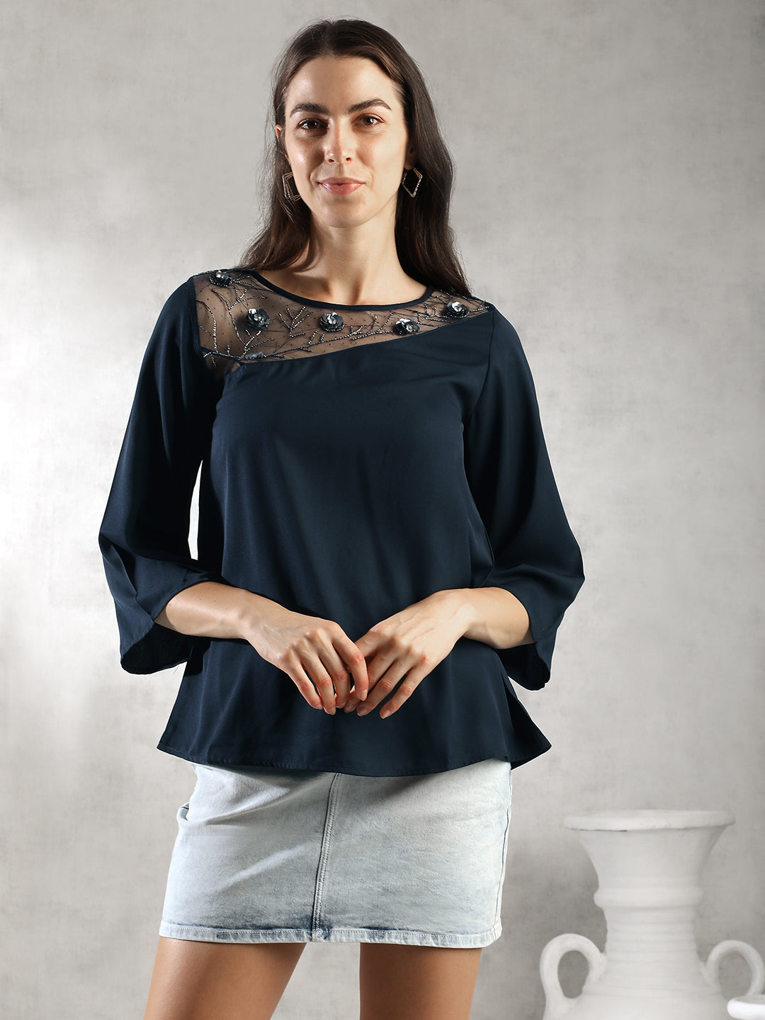 Women Navy A-Line Sheer Neck Top