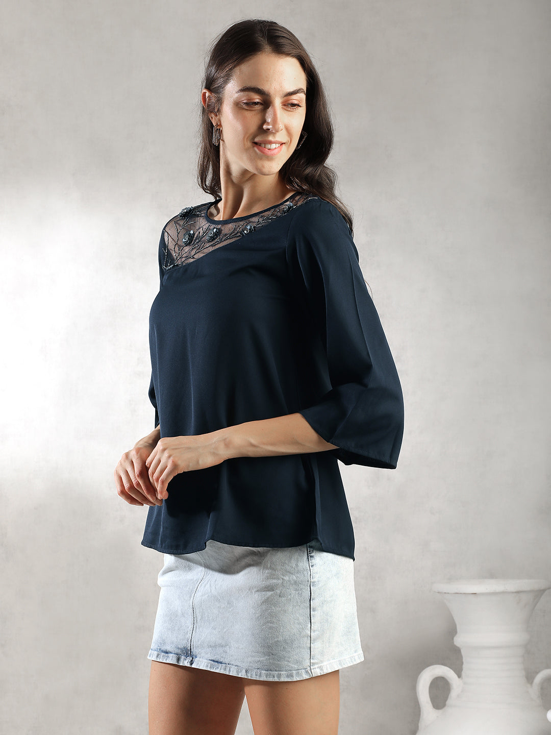 Women Navy A-Line Sheer Neck Top