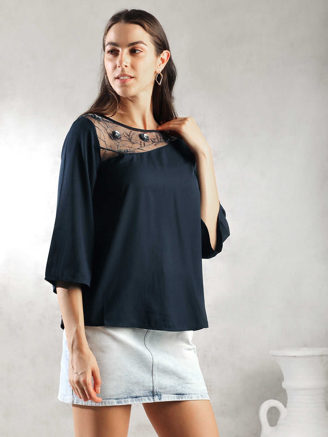 Women Navy A-Line Sheer Neck Top