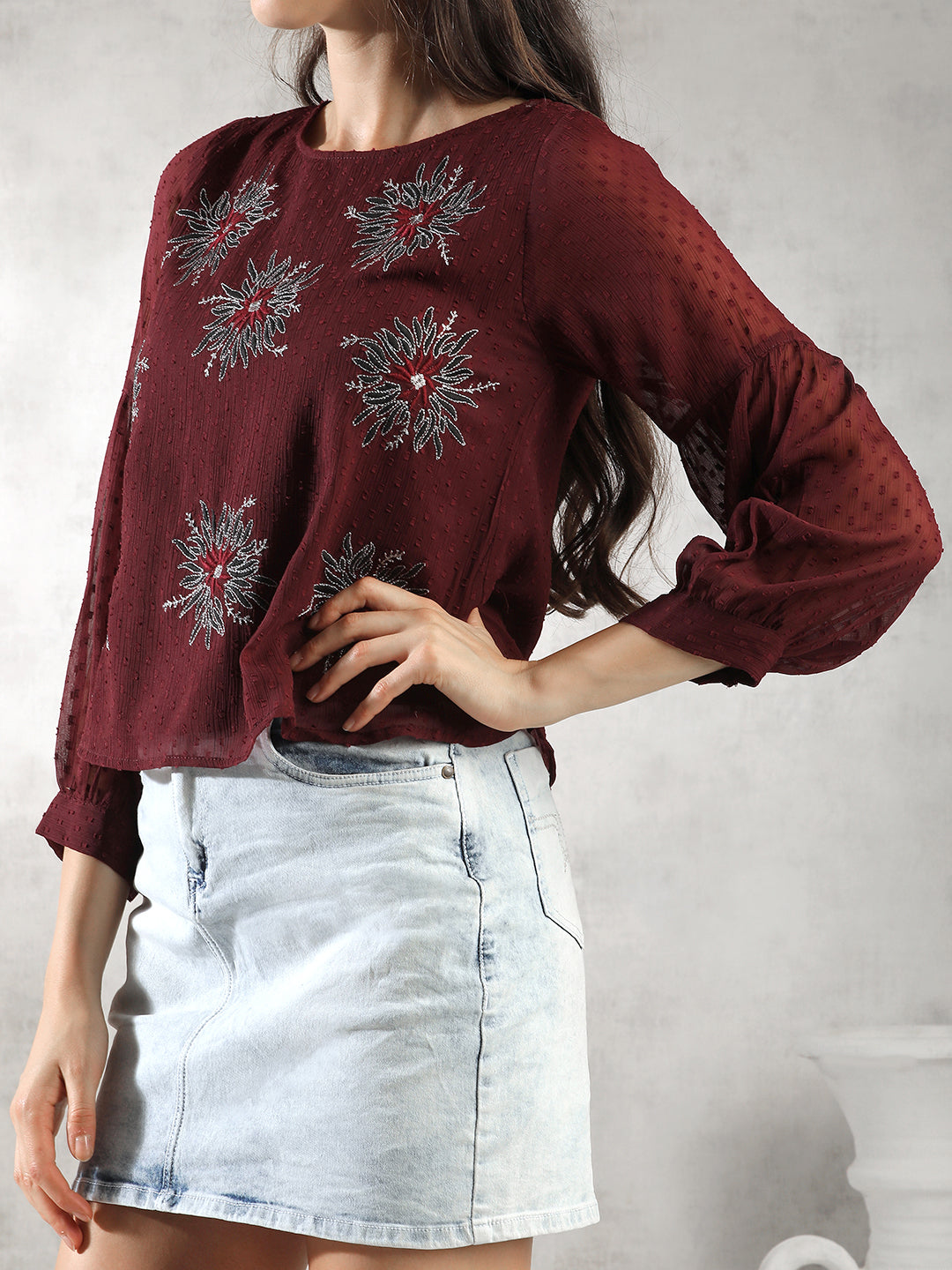 Women Maroon Floral Embroidery Top