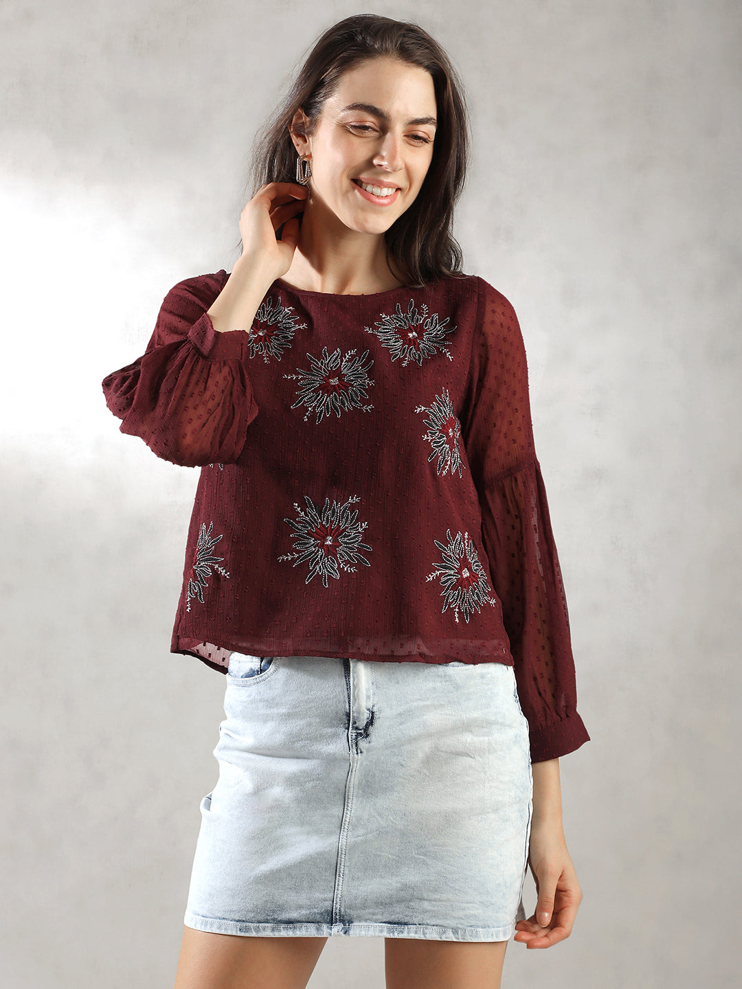 Women Maroon Floral Embroidery Top