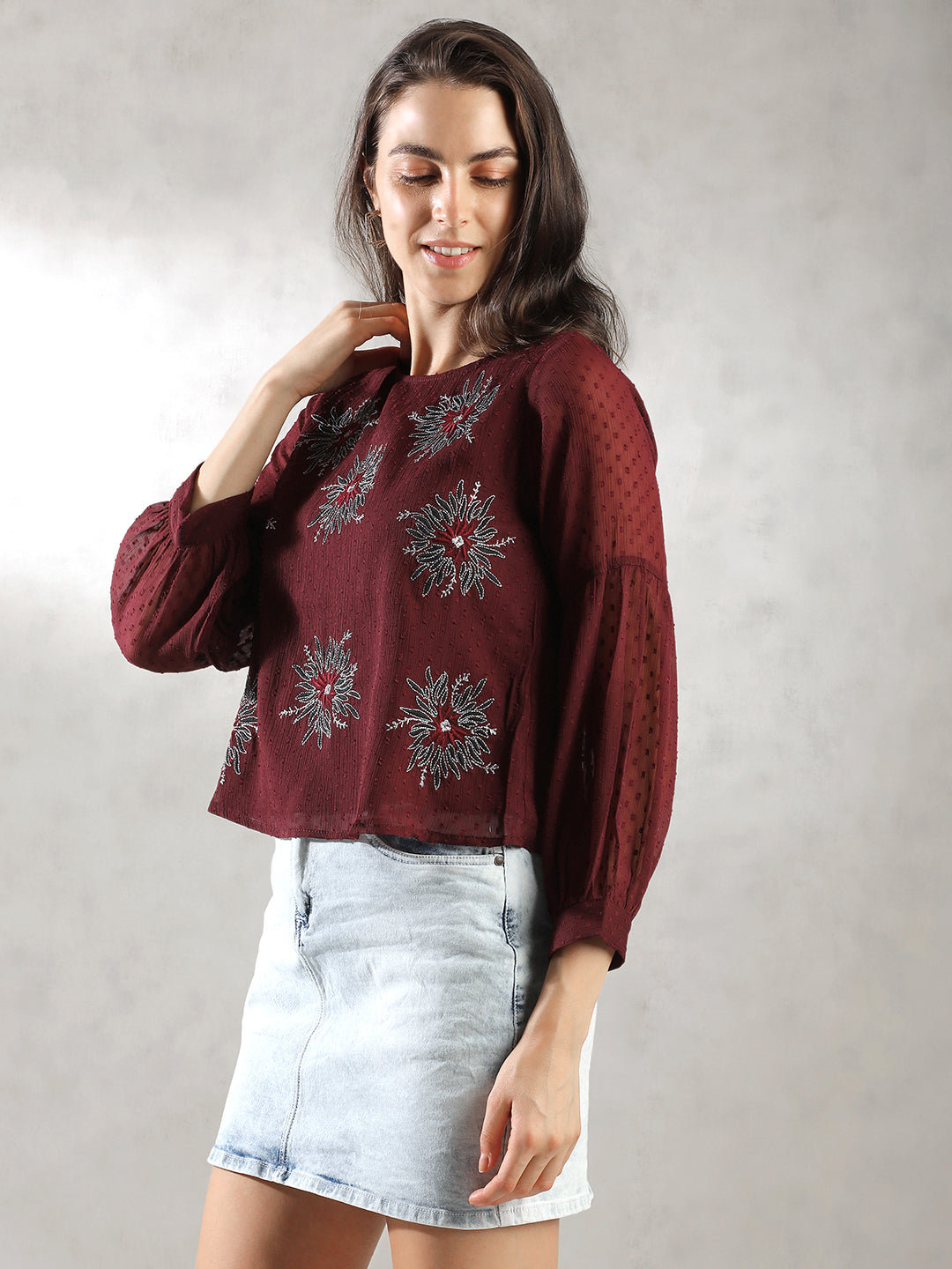 Women Maroon Floral Embroidery Top