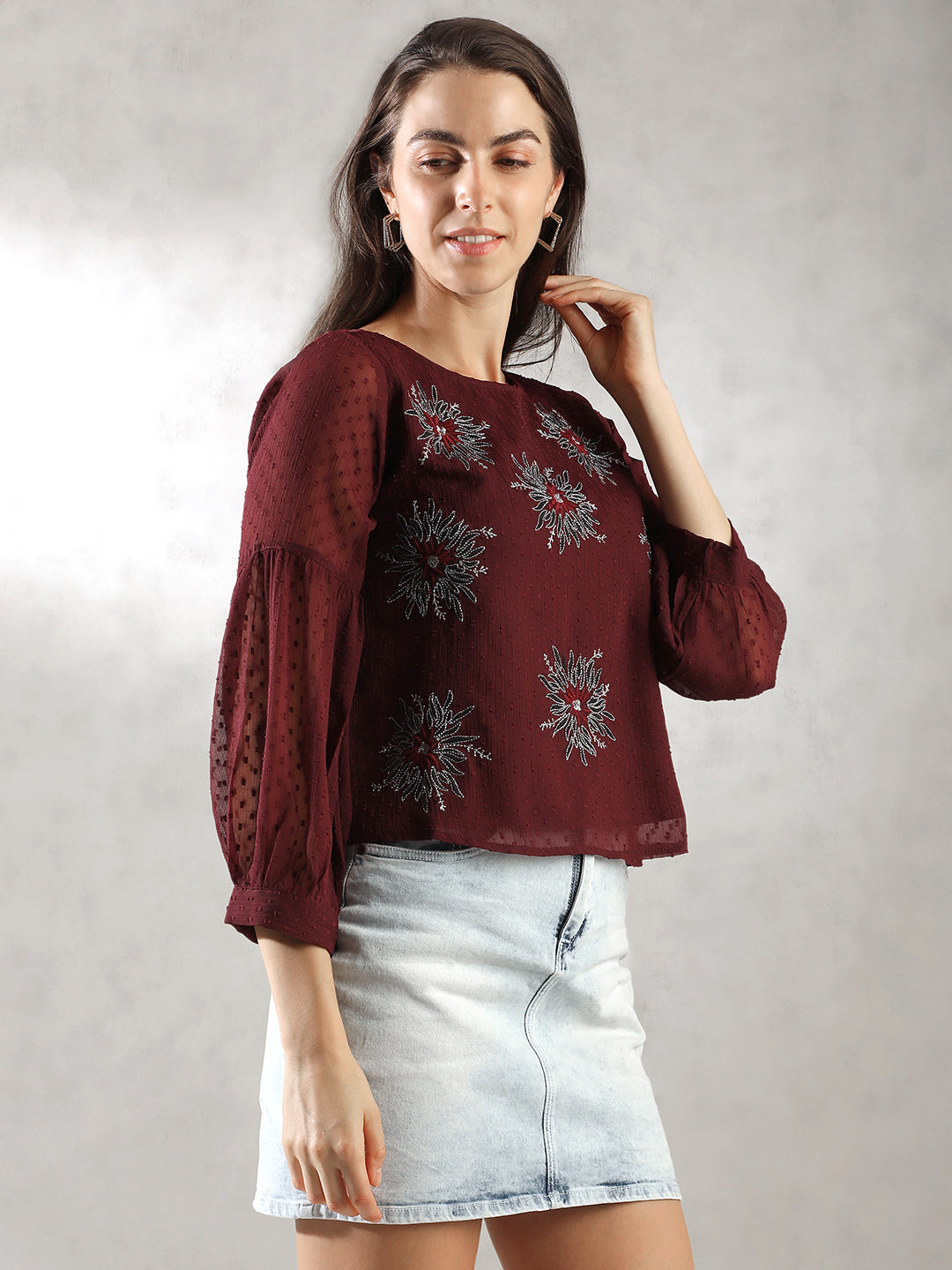 Women Maroon Floral Embroidery Top
