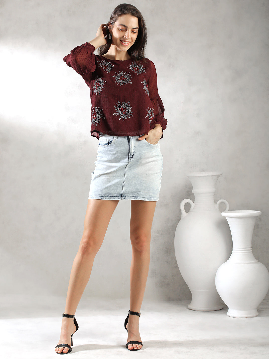 Women Maroon Floral Embroidery Top