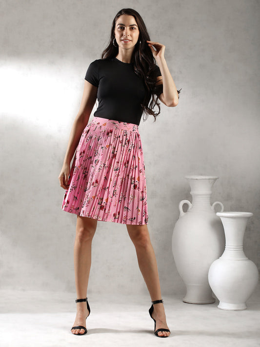 Women Pink Printed Pleated Skirt