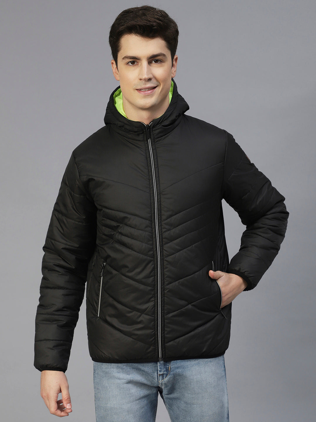 Men Black Hooded Full Sleeves Puffer Jacket