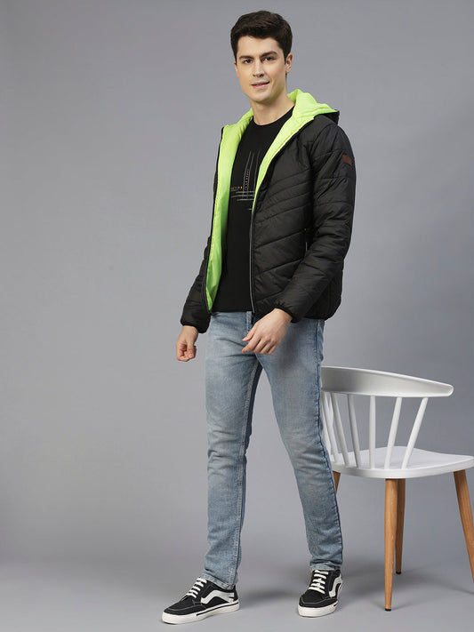 Men Black Hooded Full Sleeves Puffer Jacket