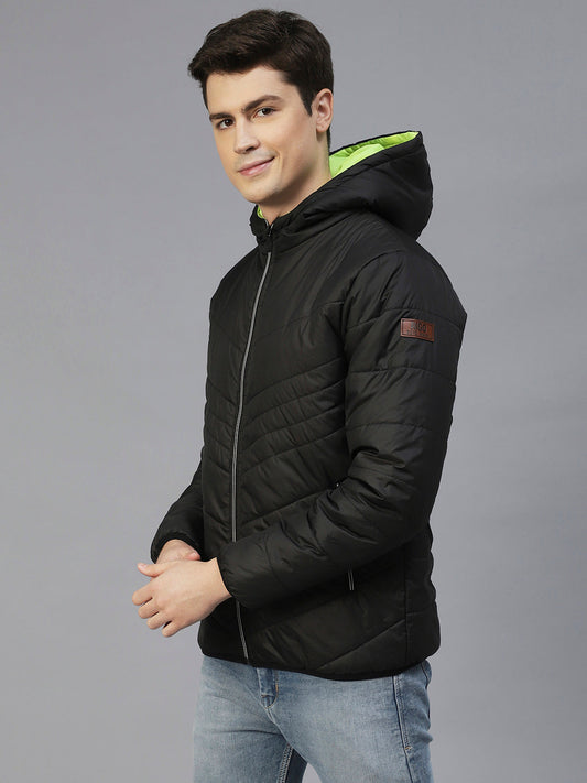 Men Black Hooded Full Sleeves Puffer Jacket