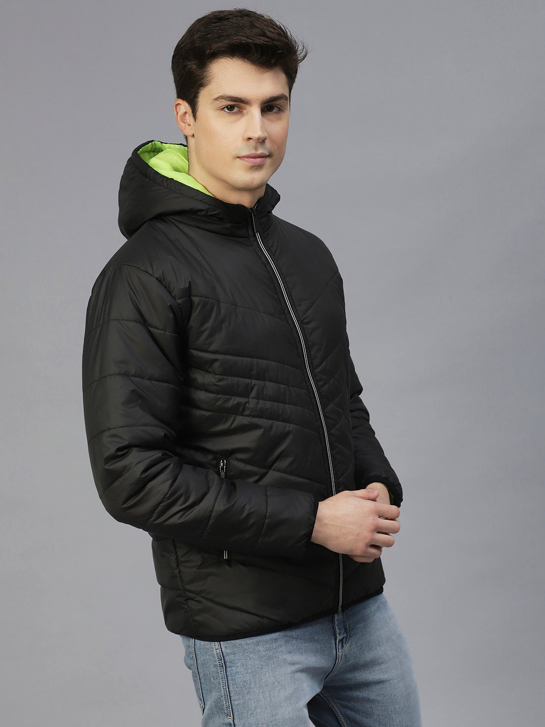 Men Black Hooded Full Sleeves Puffer Jacket