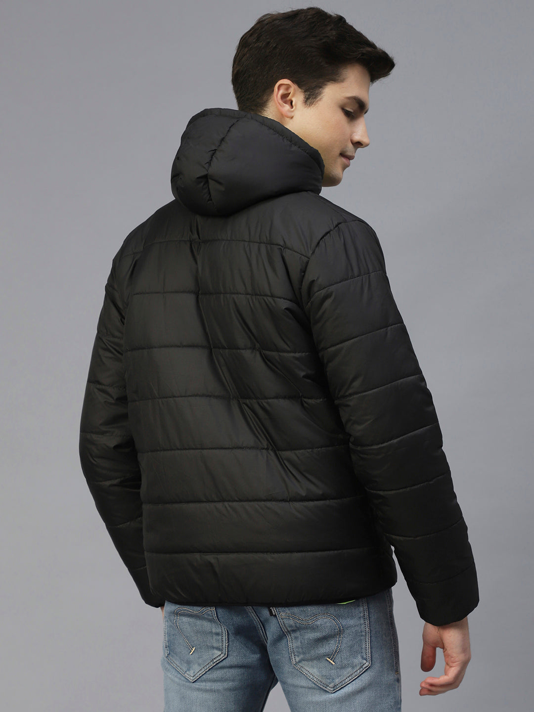 Men Black Hooded Full Sleeves Puffer Jacket