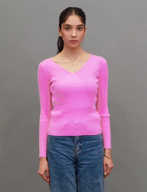 Women Pink V Neck Crop Sweater