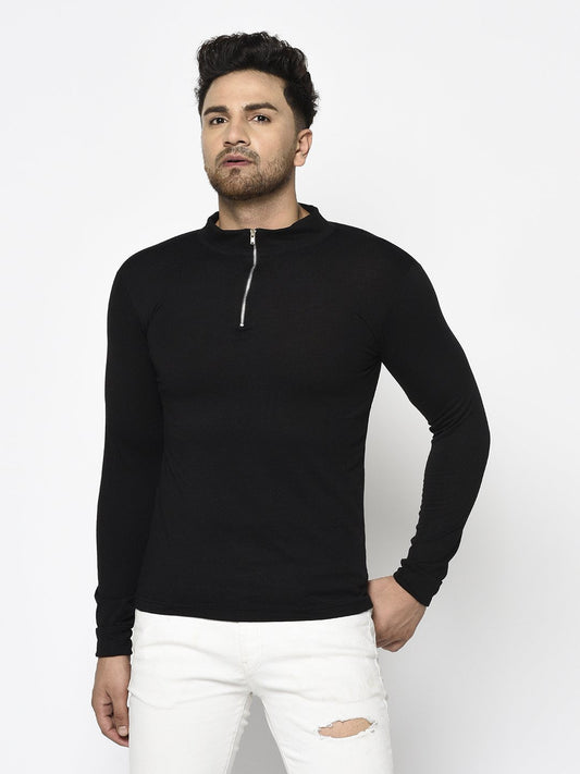 Men Black High Neck With Zip Cotton Fabric Full Sleeve T-Shirt