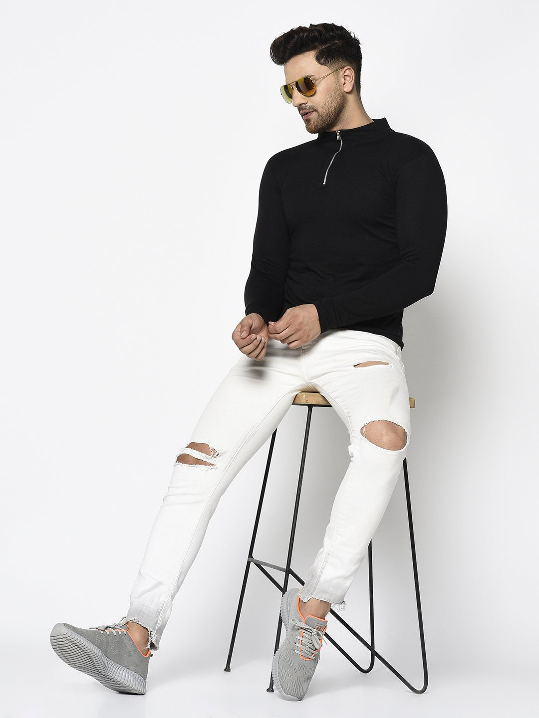 Men Black High Neck With Zip Cotton Fabric Full Sleeve T-Shirt