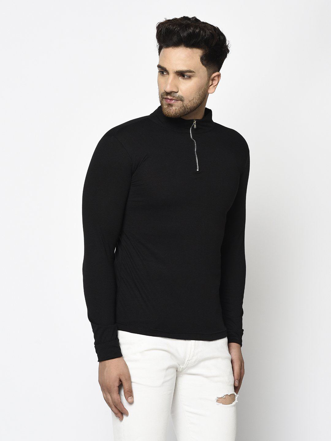 Men Black High Neck With Zip Cotton Fabric Full Sleeve T-Shirt