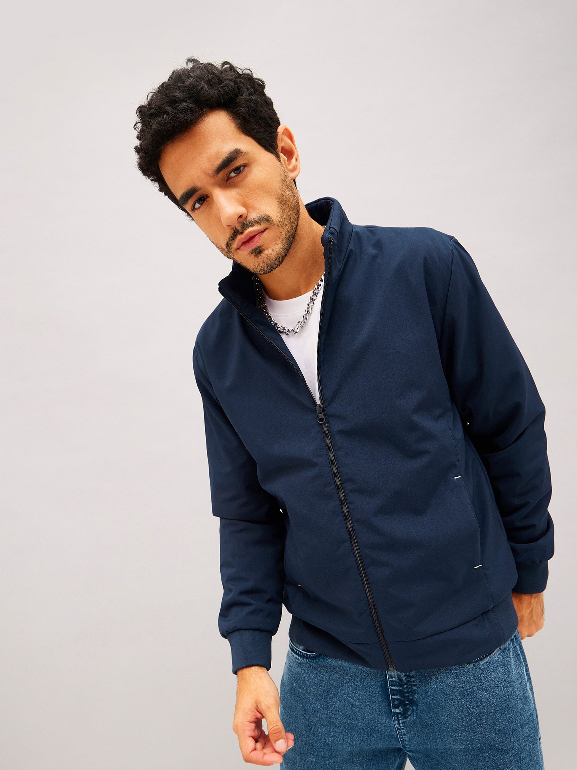 Navy Full Sleeve Biker Jacket-MASCLN SASSAFRAS