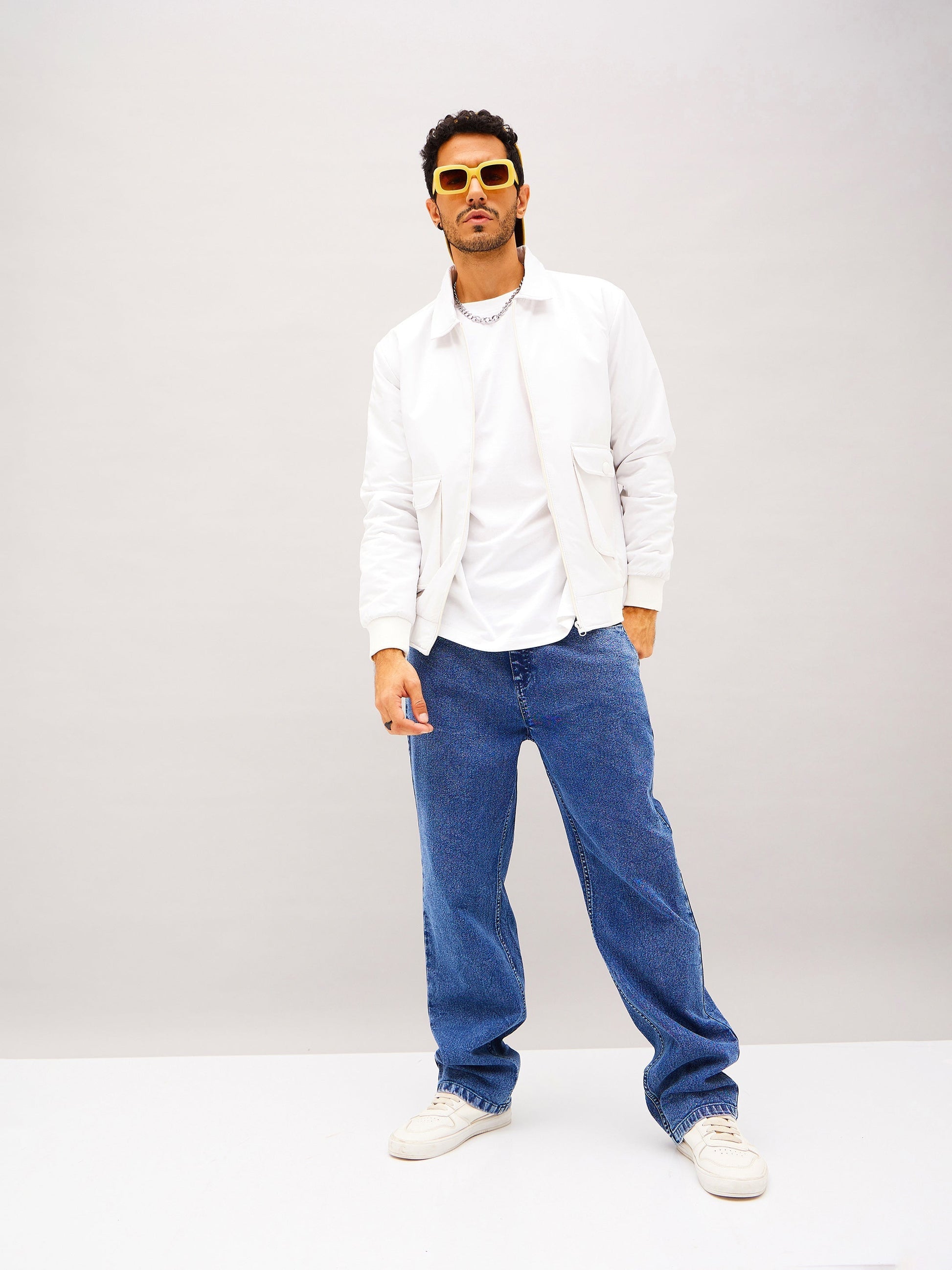 White Full Sleeve Front Pocket Jacket-MASCLN SASSAFRAS