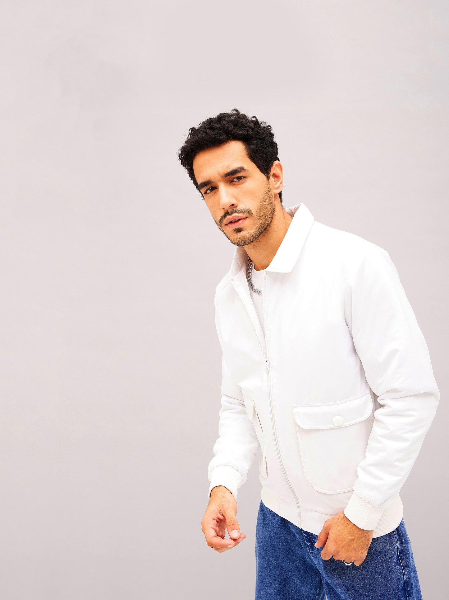 White Full Sleeve Front Pocket Jacket-MASCLN SASSAFRAS