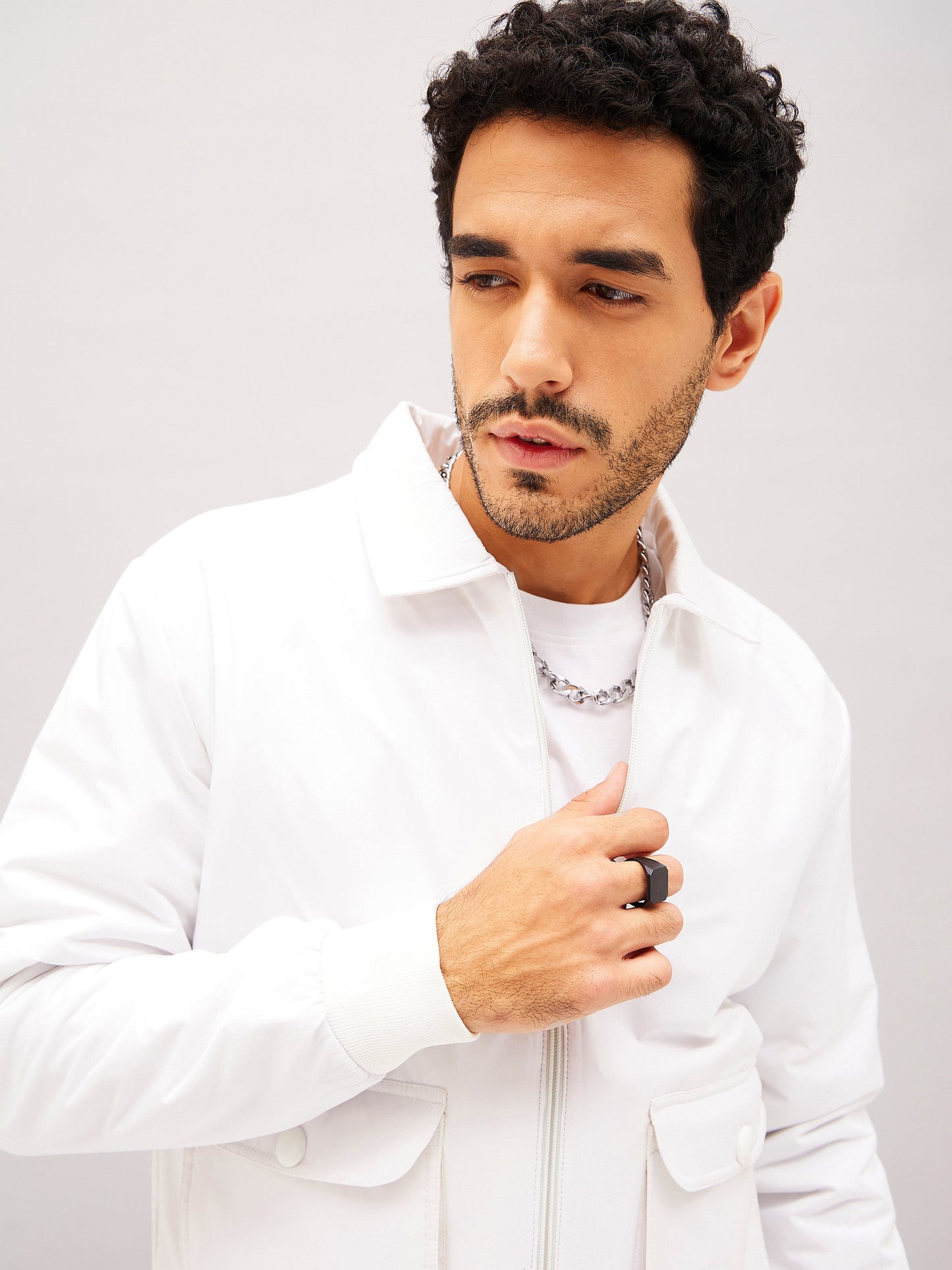 White Full Sleeve Front Pocket Jacket-MASCLN SASSAFRAS