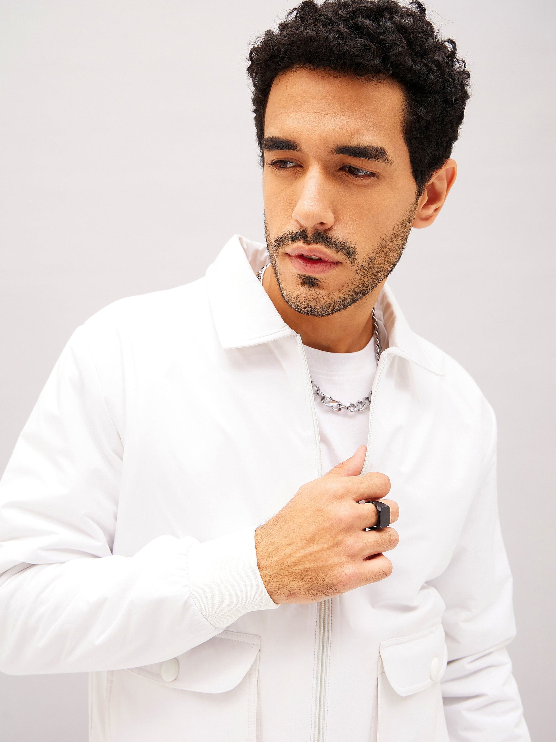 White Full Sleeve Front Pocket Jacket-MASCLN SASSAFRAS
